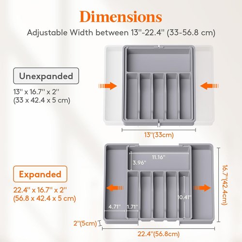 Lifewit Expandable Silverware Drawer Organizer - BPA-Free Utensil Tray for Kitchen | Adjustable Gray 33-57 x 42cm