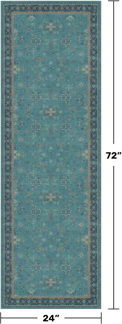 Hazo Haus Boho Kitchen Rug Runner - Teal Non-Slip Design | Washable Floral Decor 2x6 ft