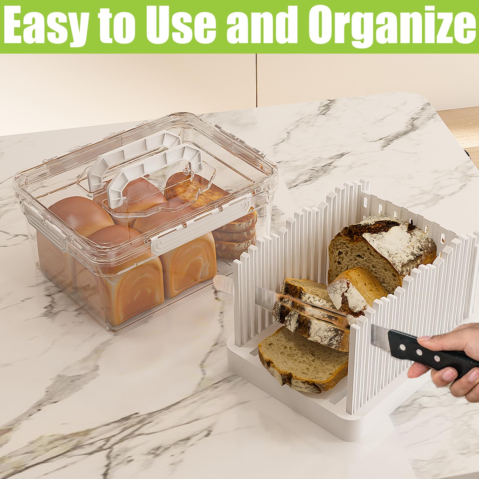 Sorgion 2-in-1 bread slicer and storage box with handle - plastic bread boxes for fresh keeping food storage containers with lids airtight for cake buns,White
