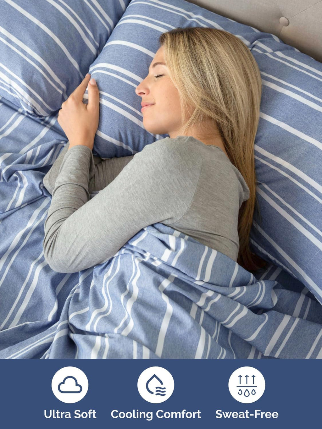 Skiennix Extra Deep Split King Sheet Set - 7 Piece Breathable Cooling Bedding - Soft Wrinkle-Free Blue Stripes