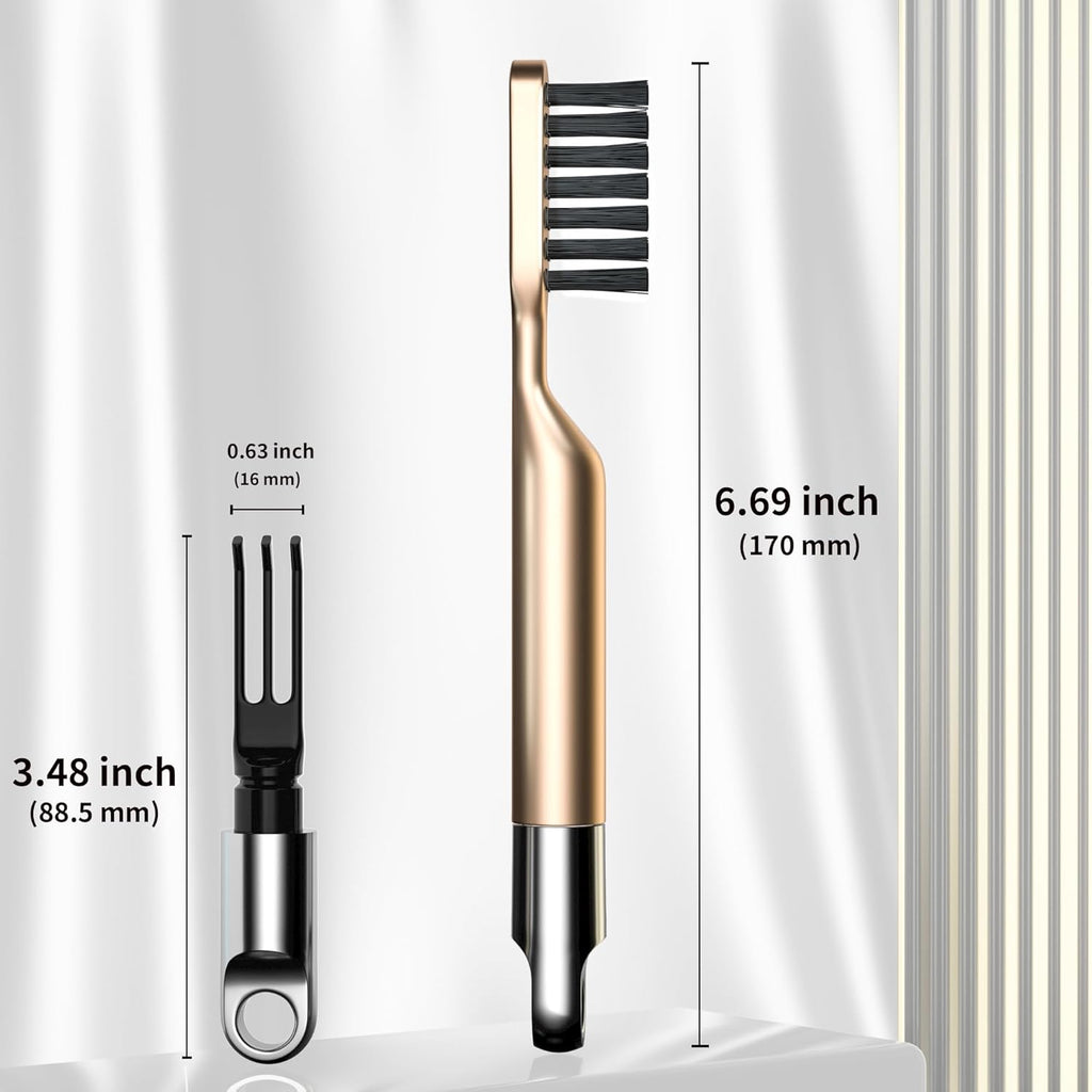 Skiennix 2-in-1 Hair Brush Cleaner - Nylon Bristles & 3-Pronged Rake for Easy Tangled Hair Removal - Compact Gold Design