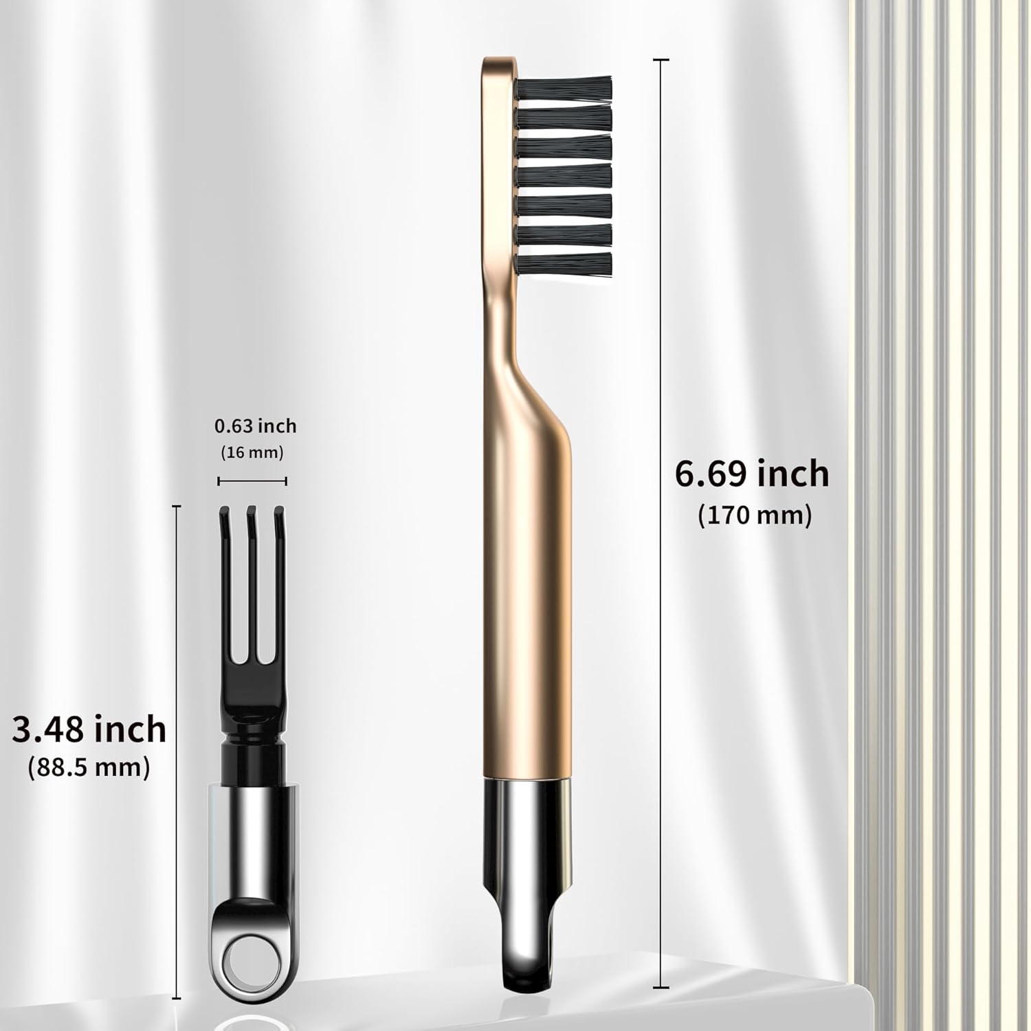 Skiennix 2-in-1 Hair Brush Cleaner - Nylon Bristles & 3-Pronged Rake for Easy Tangled Hair Removal - Compact Gold Design