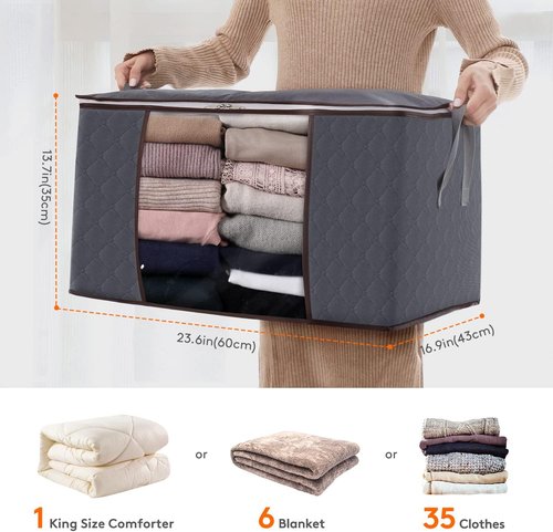 Lifewit 90L Large Storage Bags - 6 Pack Closet Organizers with Lids | Foldable Containers for Clothes & Bedding - Gray