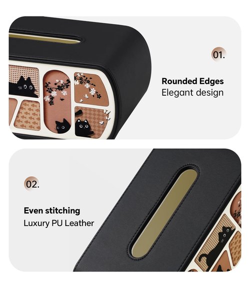 MEIBOOCH Cat-Themed Tissue Box Cover with Curved Edge, Rectangle Tissue Box Holder for up to 4 Inches High Boxes (Black)