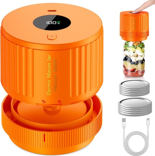 LOVE MOMENT Electric Mason Jar Vacuum Sealer Kit - Ideal for Wide & Regular Mouth Jars - Orange