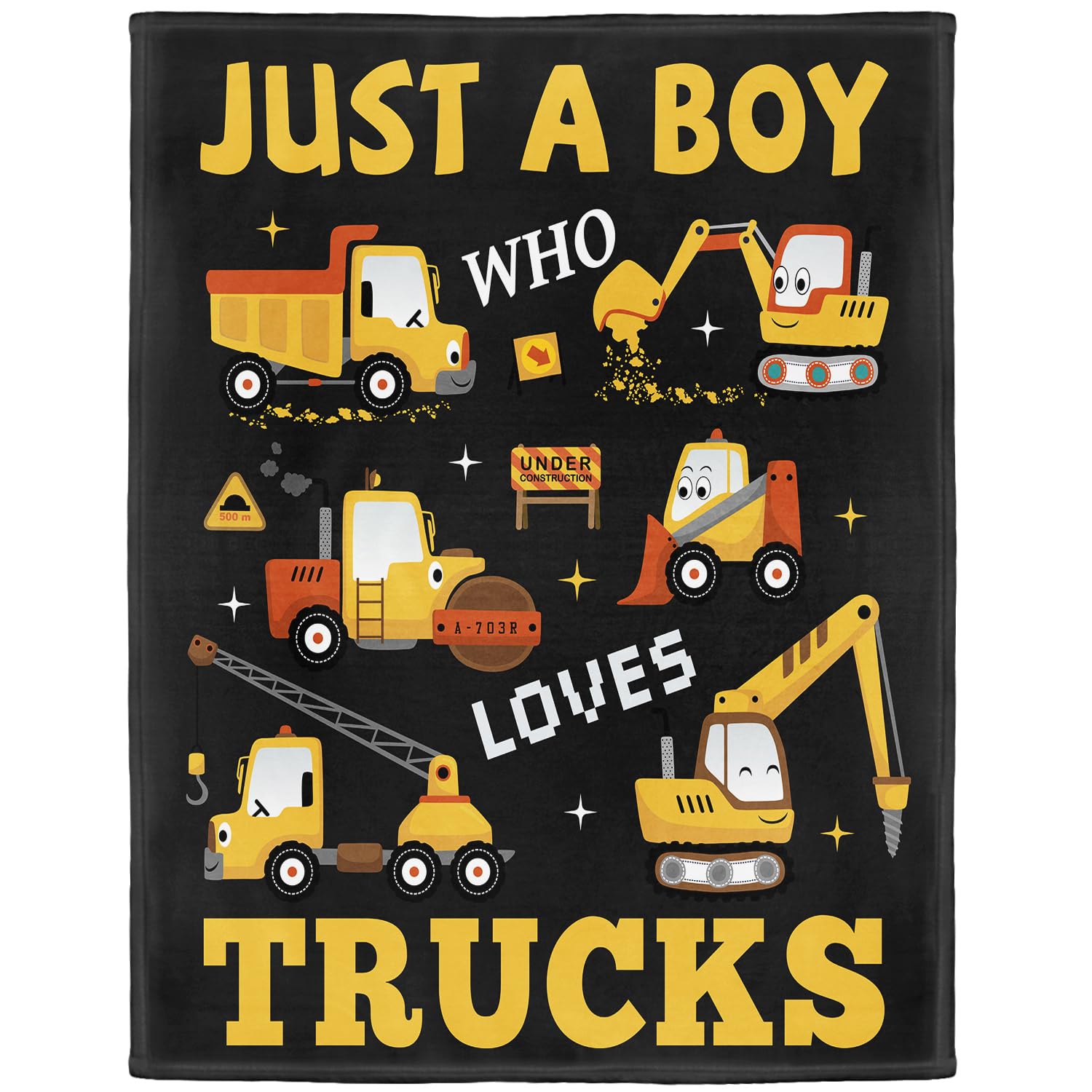 XSMEI Tractor Excavator Blanket, Just A Boy Who Loves Construction Trucks Blanket, Soft Warm Cozy Fleece Throw, Gifts for Boys Teens Kids, 40"x50", Black
