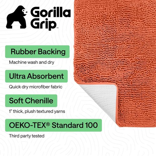 GORILLA GRIP Bath Rug Mat - Thick Soft Absorbent Chenille | Quick Dry Microfiber, 44x26 Coral