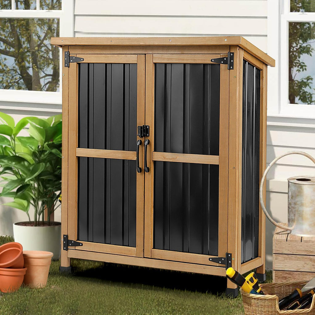 PetsCosset Weatherproof Outdoor Storage Cabinet - Lockable Wood & Metal Shed for Tools, Lawn Equipment & Pool Accessories