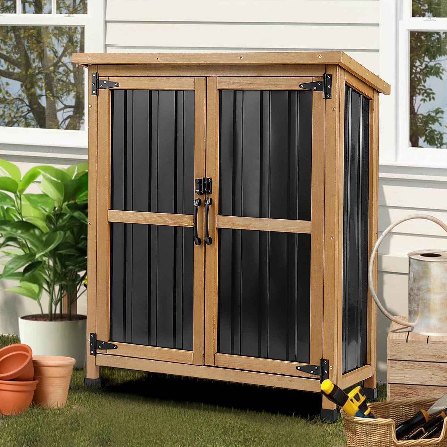 PetsCosset Weatherproof Outdoor Storage Cabinet - Lockable Wood & Metal Shed for Tools, Lawn Equipment & Pool Accessories