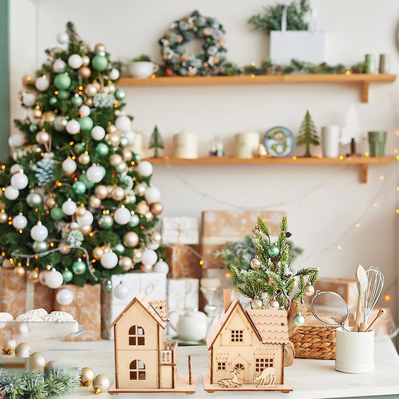 Skiennix Christmas Village Houses - LED Light Wooden Decor | Unfinished Rustic Design for Holiday Centerpieces