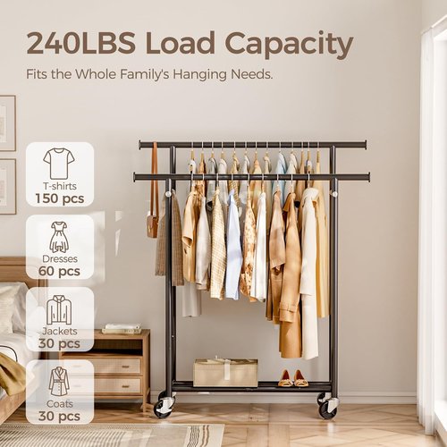 HYSEYY Clothes Rack - Portable Double Rod Rolling Garment Rack with Wheels | 240 LBS Capacity, Black
