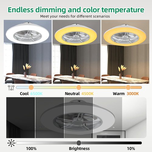 Low Profile Ceiling Fan with Light, Enclosed Bladeless Ceiling Fan, Bluetooth Speaker, 6 Speeds Reversible, Stepless Dimming, Smart Flush Mount Ceiling Light for Bedroom, Kids Room and Living Room 22"