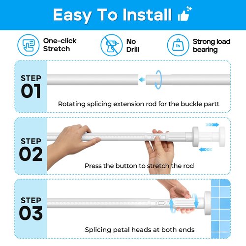 MEXAU White Tension Curtain Rods 41-146 In Extra Long Outdoor Patio Curtain Rods No Drilling Adjustable Heavy Duty Tension Rods for Windows Bathroom Living Room Curtains, Rod Diameter 1.26In