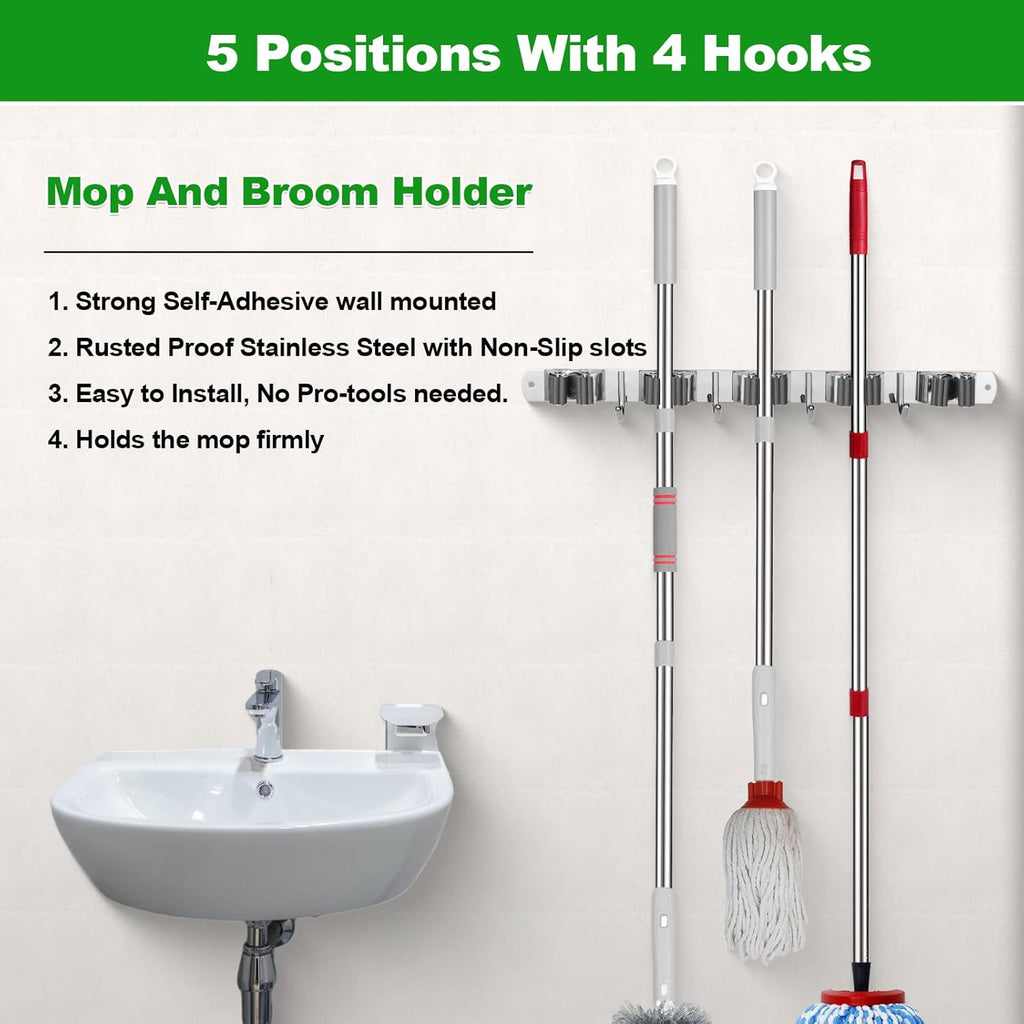 Voze Mop And Broom Holder - 5 Racks & 4 Hooks, Heavy-Duty Wall Mount Organizer | Silver