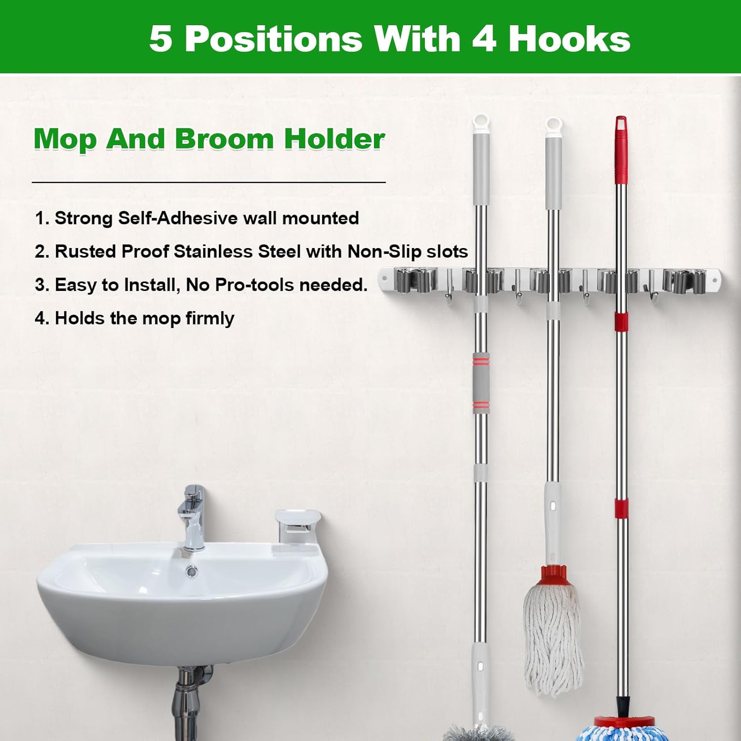 Voze Mop And Broom Holder - 5 Racks & 4 Hooks, Heavy-Duty Wall Mount Organizer | Silver