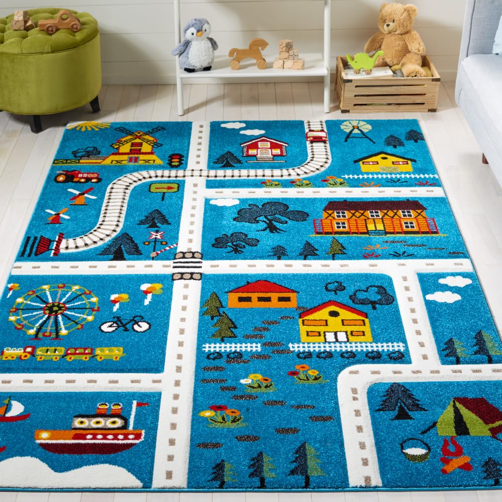 SAFAVIEH Carousel Kids Collection Area Rug - 5'3" x 7'6", Green & Beige, Non-Shedding & Easy Care, Ideal for High Traffic Areas for Boys & Girls in Playroom, Nursery, Bedroom (CRK197Y)