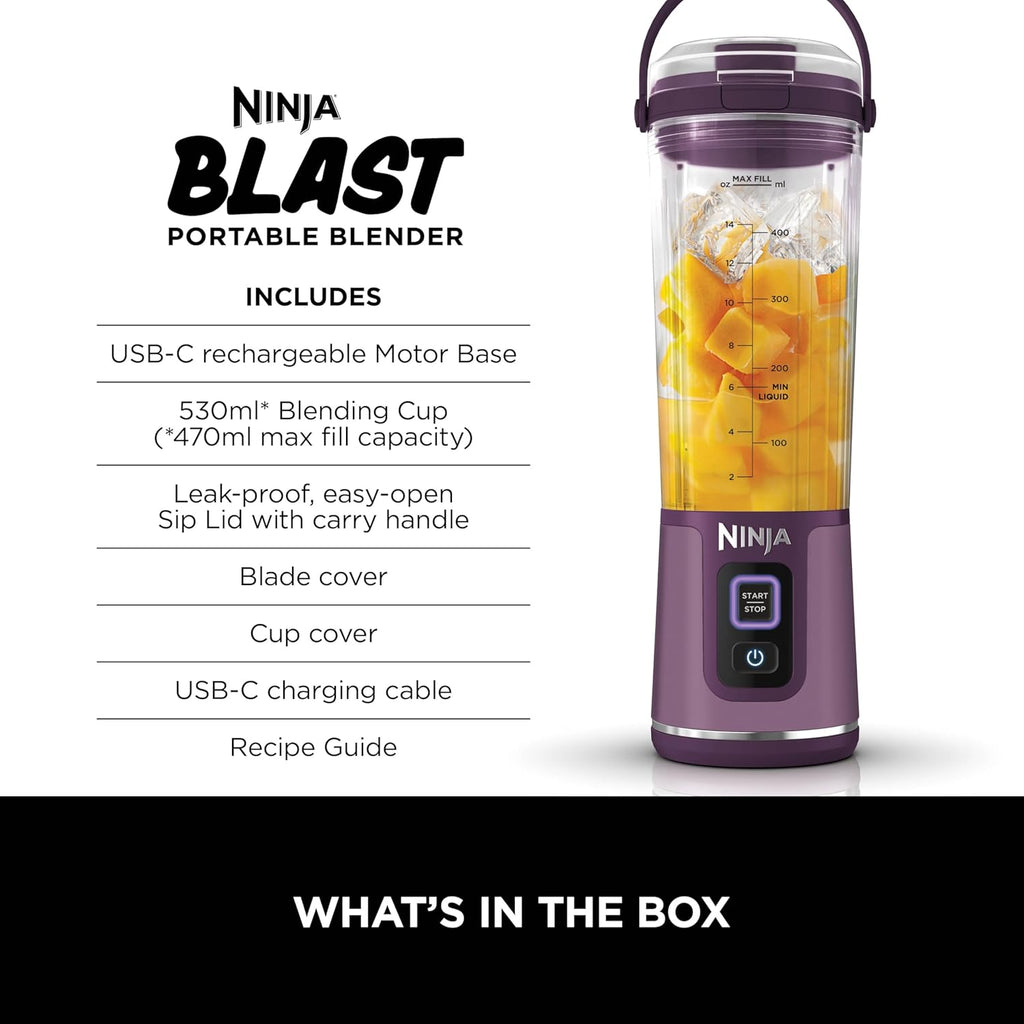 Ninja BC151PR Blast Portable Blender - Cordless 18oz Personal Blender for Smoothies & Shakes | BPA-Free, Leakproof Lid, USB-C Rechargeable