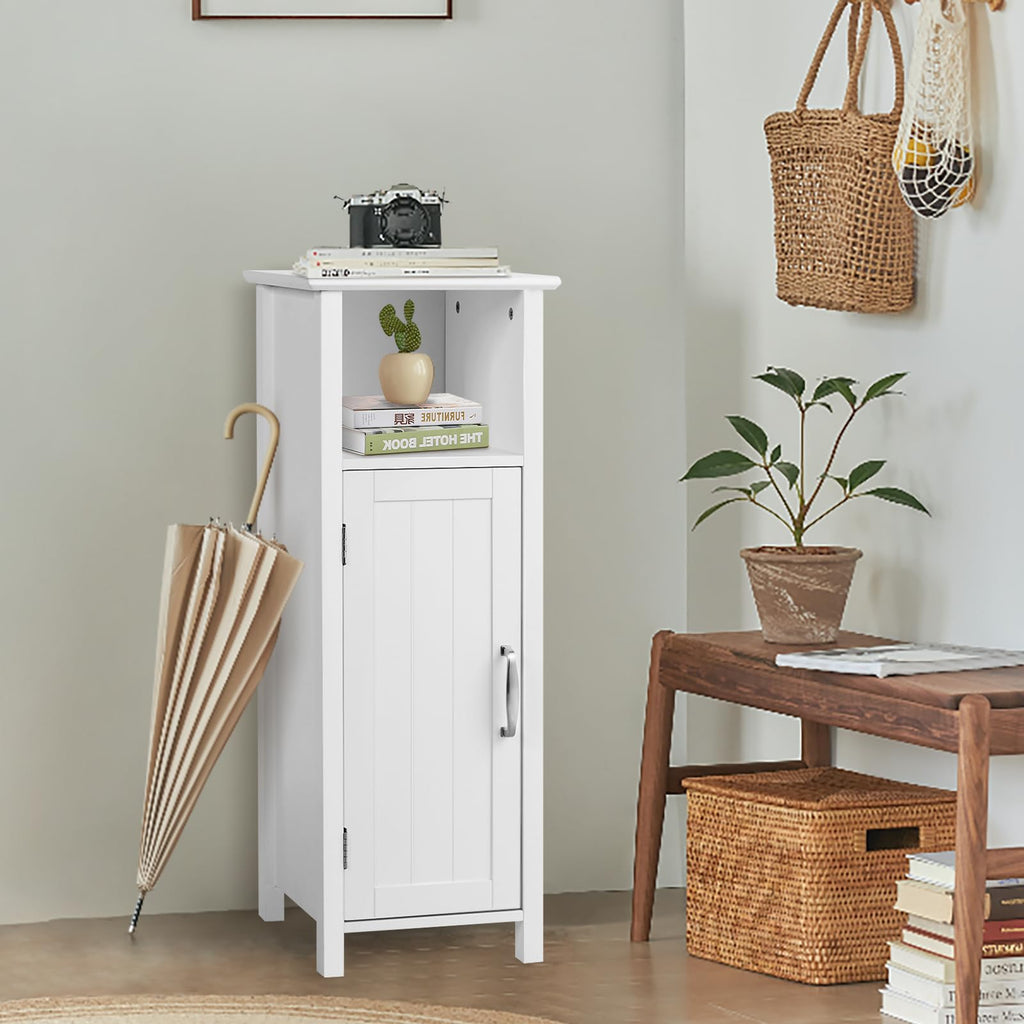 COSTWAY Bathroom Storage Cabinet, Freestanding Narrow Storage Organizer with Open Shelf & Adjustable Shelf, Small Slim Floor Cabinet for Bathroom, Living Room, Entryway, Office, White