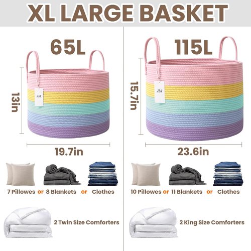JMvicyroam 65L Extra Large Blanket Basket - Woven Cotton Rope Laundry Hamper with Reinforced Handles | Machine Washable Rainbow Storage Bin for Pillows, Comforters & Toys