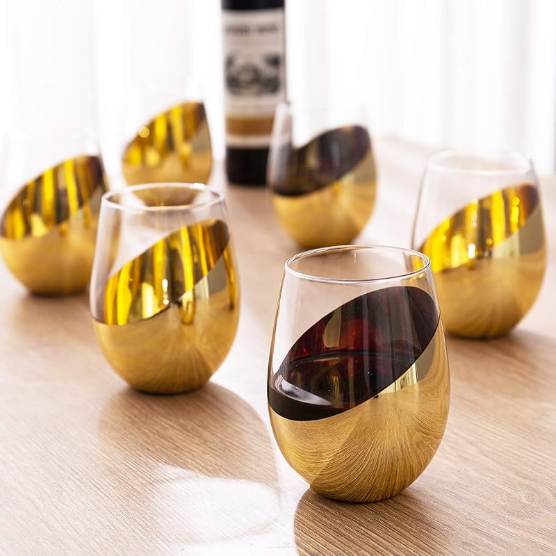 MyGift Brass-Plated Stemless Wine Glass Set of 6 - 18 oz, White or Red, Angled Bottom (Variation: Brass-6)