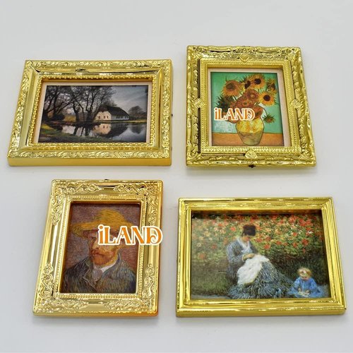 iLAND Miniature Dollhouse Accessories - 1:12 Scale Furniture Set with 4 Classic Golden Frames & Pictures