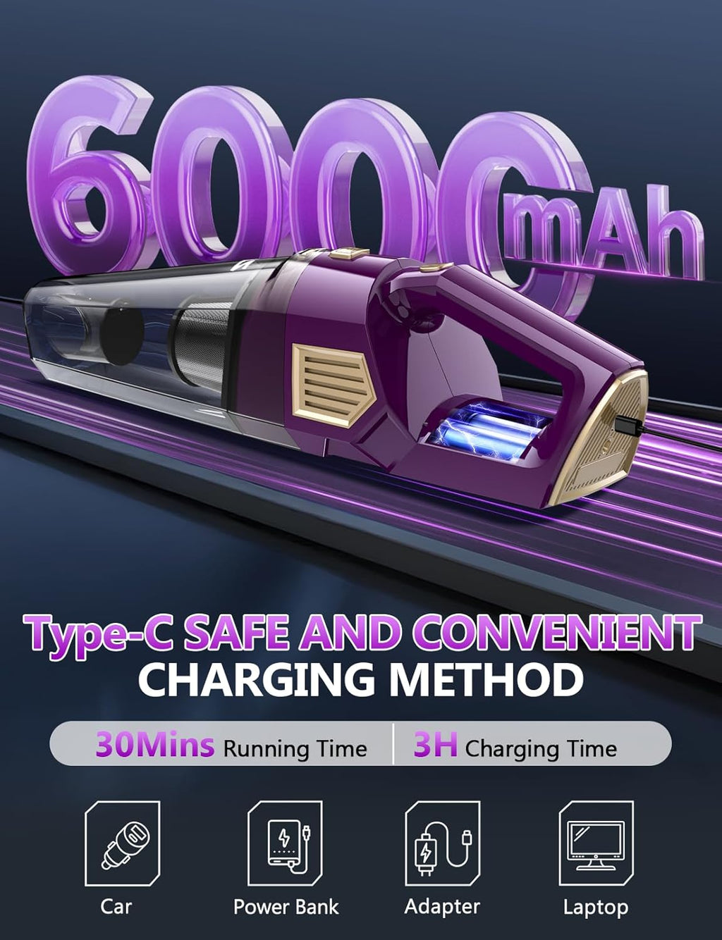Skiennix Handheld Vacuum - 15000PA Powerful Cordless Suction | Lightweight & Rechargeable with Multi-Nozzles