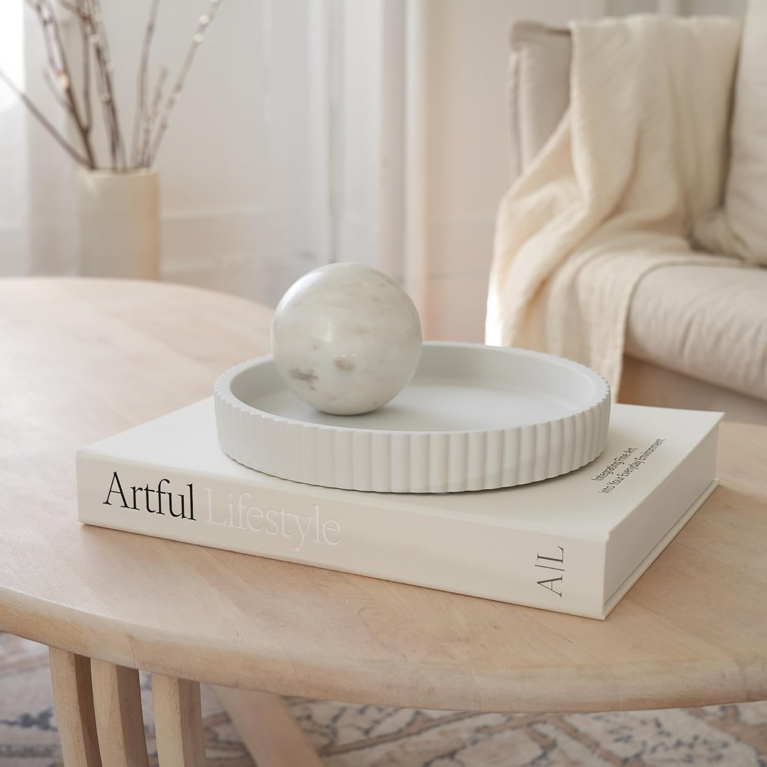 Skiennix Decorative Concrete Tray Set - Scalloped Tray & Linen Box for Stylish Home Decor | Perfect for Living Room or Housewarming Gift