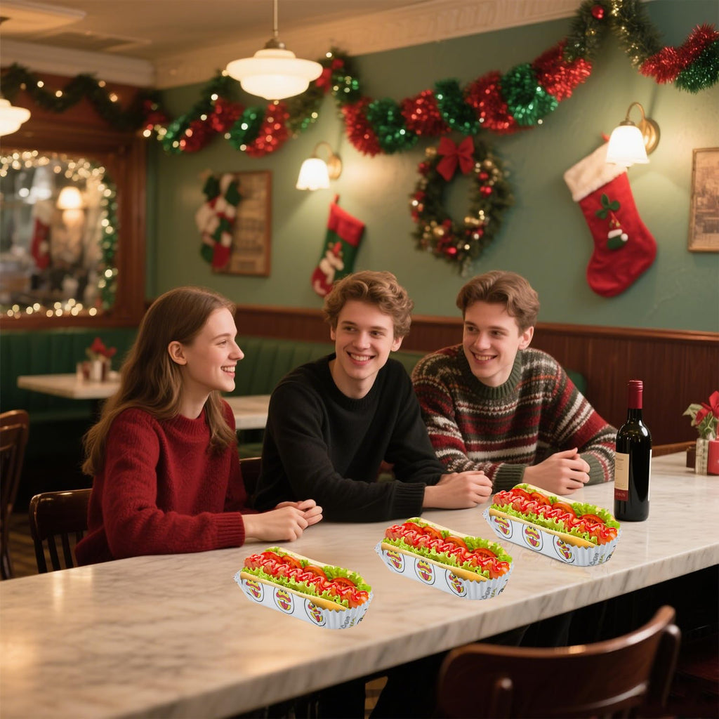 Qmino 300Pcs Hot Dog Trays, 6'' Paper Food Trays Eco Friendly, Boats Rectangular Fluted Hot Dog Tray, Disposable Food Tray Hot Dog Cart Accessories for Takeout Food