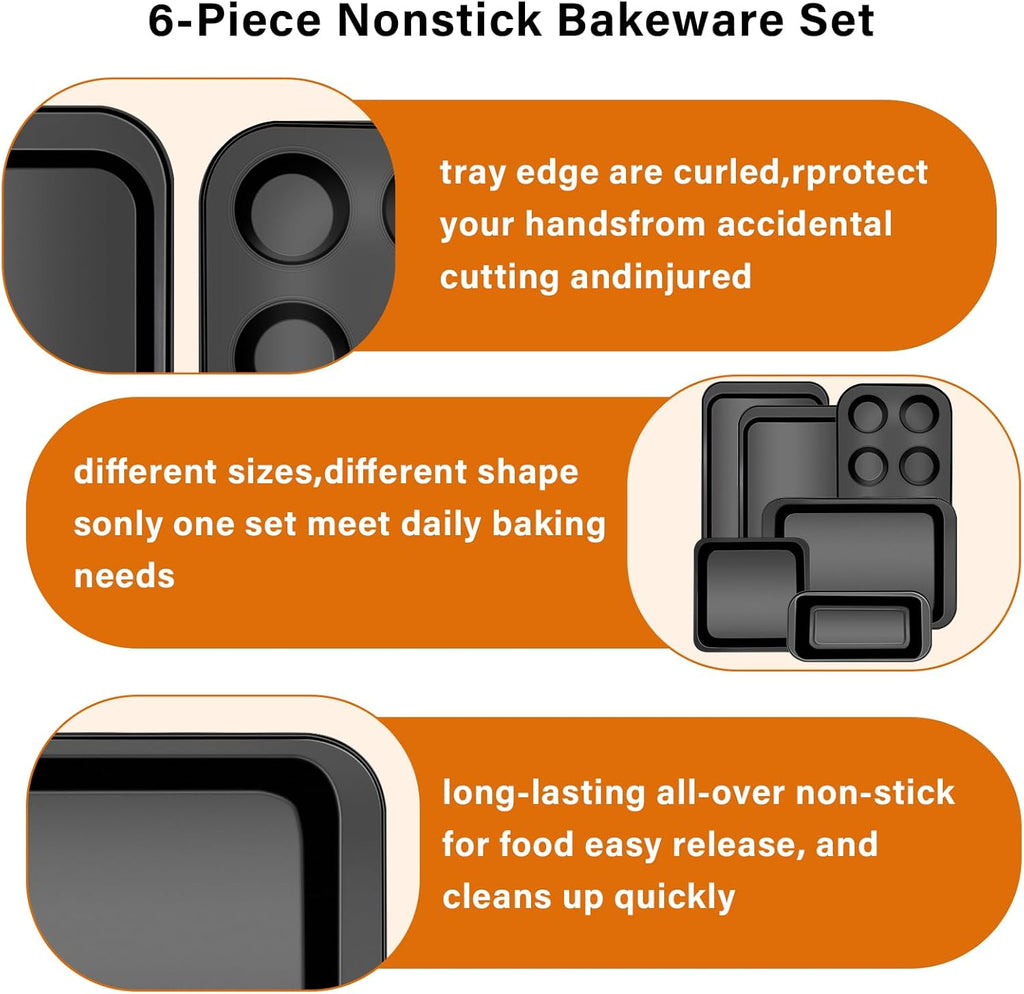 Skiennix 6-Piece Carbon Steel Bakeware Set - Nonstick Baking Pans in Black for Versatile Cooking & Baking