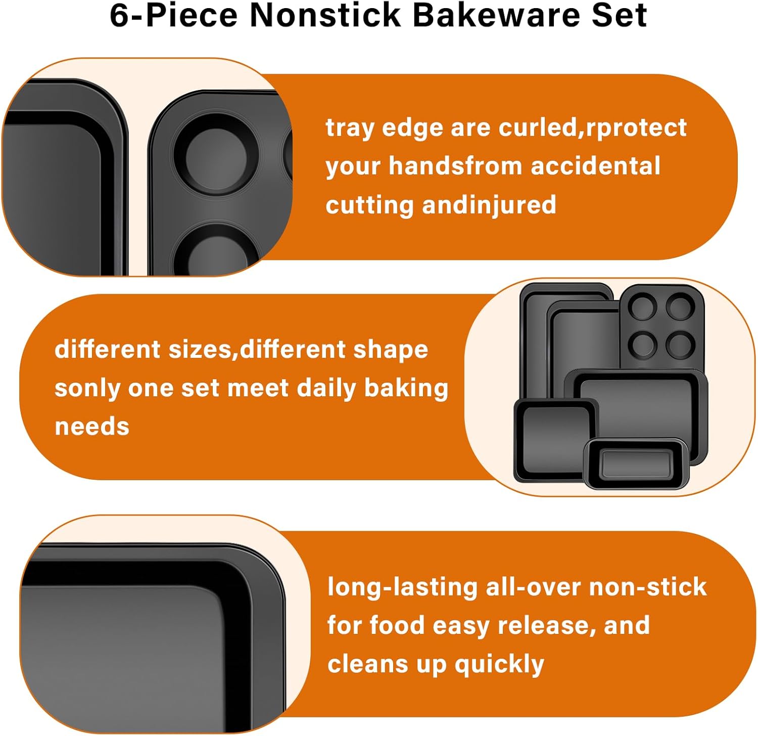 Skiennix 6-Piece Carbon Steel Bakeware Set - Nonstick Baking Pans in Black for Versatile Cooking & Baking