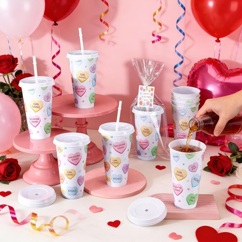 Potchen 12 Sets Galentines Day Party Favors Gifts 24oz Conversation Hearts Tumbler with Lid and Straw Plastic Cup Bulk Galentines Valentine Gifts for Coworkers Women Girl Gang Valentine Party Supplies