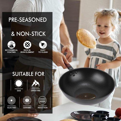 Teewe Carbon Steel Wok Pan - 13" Wok Pan with Lid, Woks & Stir-Fry Pans Nonstick with Spatula & Brush, Chinese Wok Flat Bottom Wok for Induction, Electric, Gas, All Stoves
