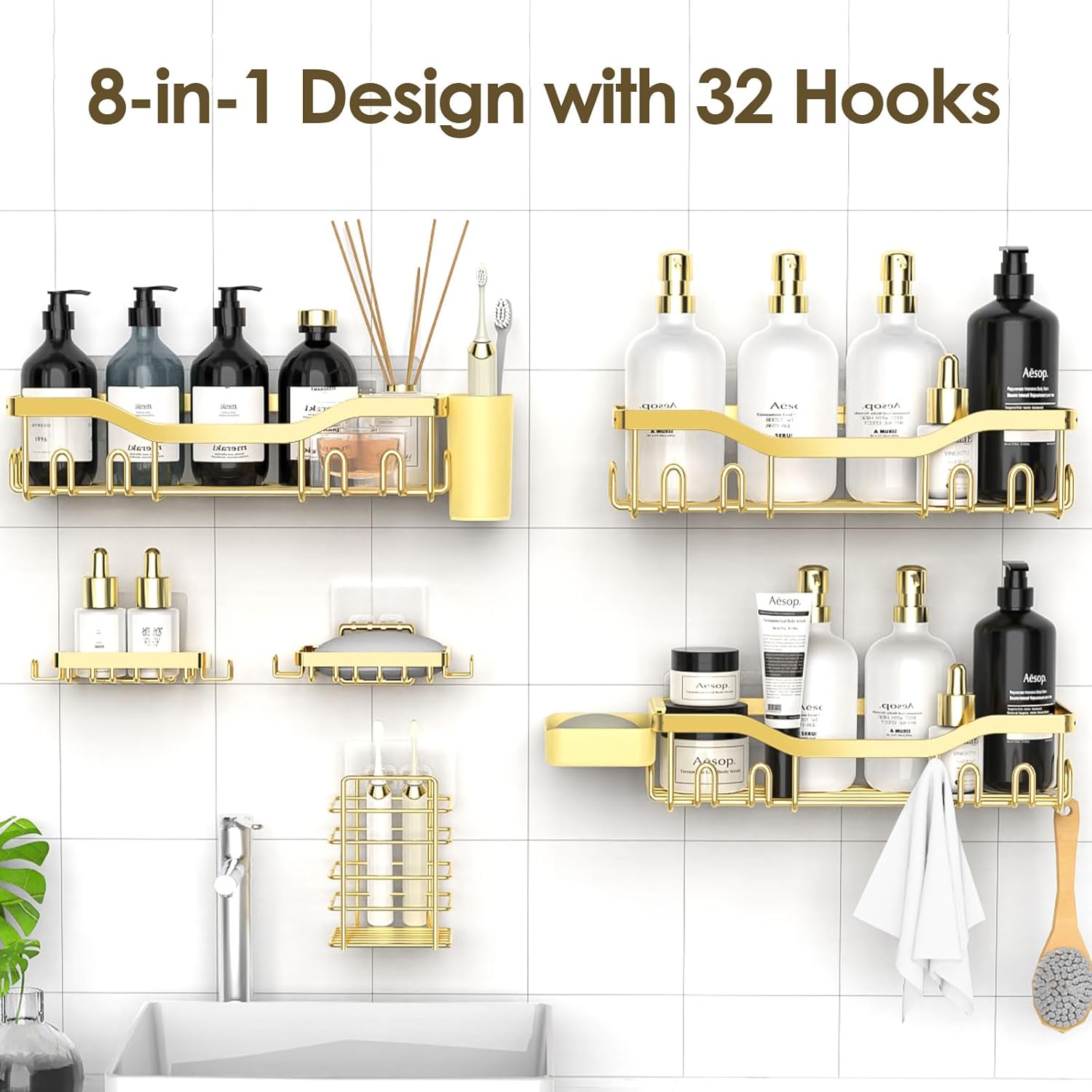 NESOMI Shower Caddy - Rustproof Stainless Steel Organizer with Soap Dish & Hooks | 8-Pack Large Capacity