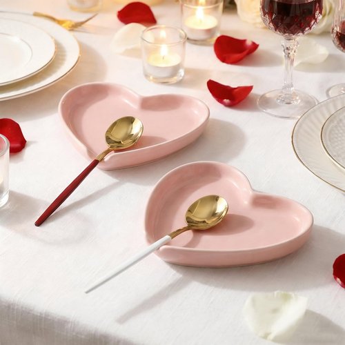 Meanplan 2 Pcs Pink Heart Spoon Rest 4.3 Inches Valentine's Day Ceramic Spoon Rest Coffee Lovers Gifts for Coffee Stirrers Teaspoon Bar Accessories Kitchen Countertop Decor