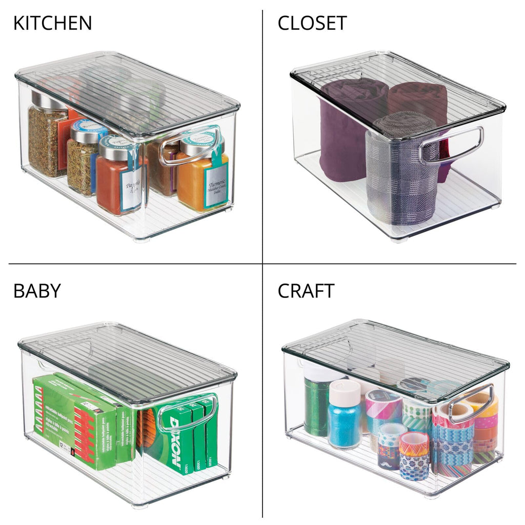 mDesign Deep Plastic Bathroom Storage Bin Box, Lid/Built-in Handles, Organization for Makeup, Hair Styling Tools, Toiletry Accessories in Cabinet, Shelves, Ligne Collection, 2 Pack, Clear/Smoke Gray