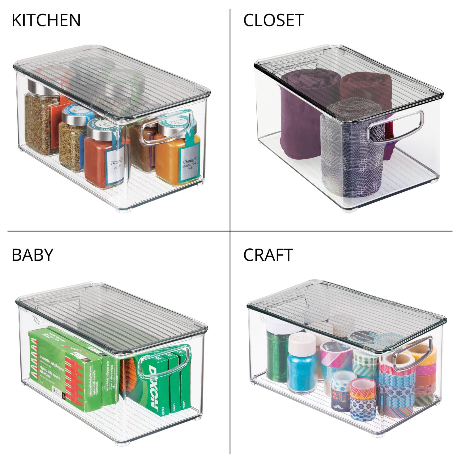 mDesign Deep Plastic Bathroom Storage Bin Box, Lid/Built-in Handles, Organization for Makeup, Hair Styling Tools, Toiletry Accessories in Cabinet, Shelves, Ligne Collection, 2 Pack, Clear/Smoke Gray