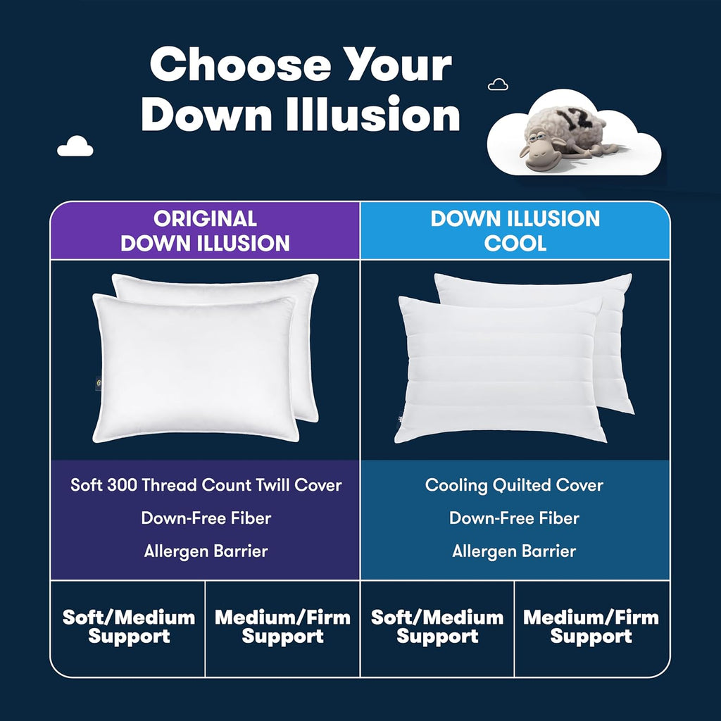 Serta Down Illusion Bed Pillows - Soft Hypoallergenic Comfort for All Sleep Positions | Queen Size, White (2 Pack)