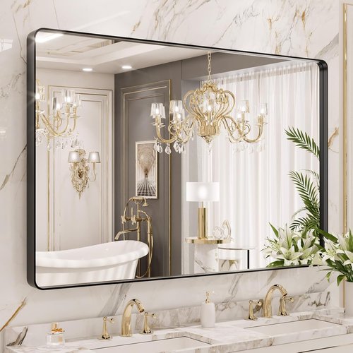 LOAAO Black Metal Framed Bathroom Mirror - 48x40 Inch Large Rounded Rectangle, Anti-Rust Tempered Glass, Versatile Hanging Options