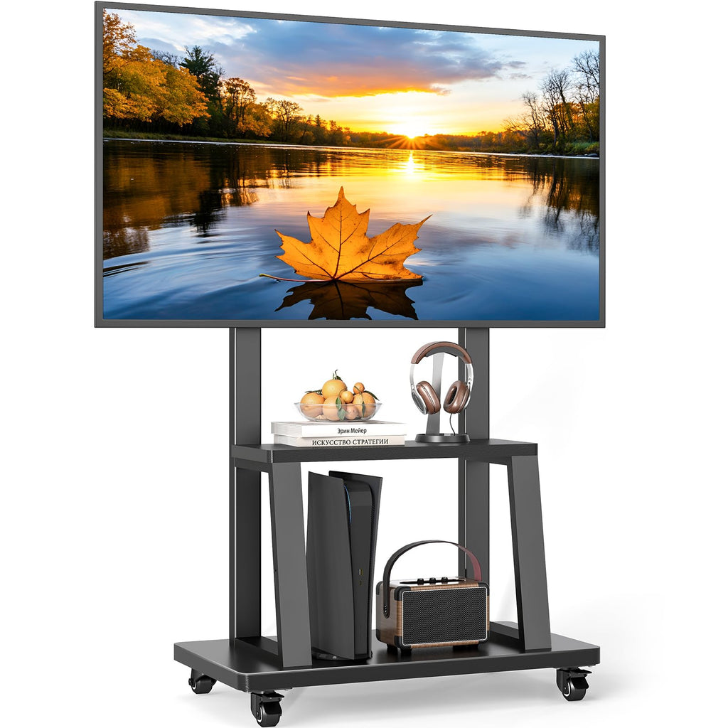 Rfiver Mobile TV Cart Rolling TV Stand for 37-75 inch TVs Up to 150lbs, Heavy-Duty Portable TV Stand on Wheels with 2-Tier Wooden Storage Shelves, Height Adjustable, Max VESA 600x400mm, Black