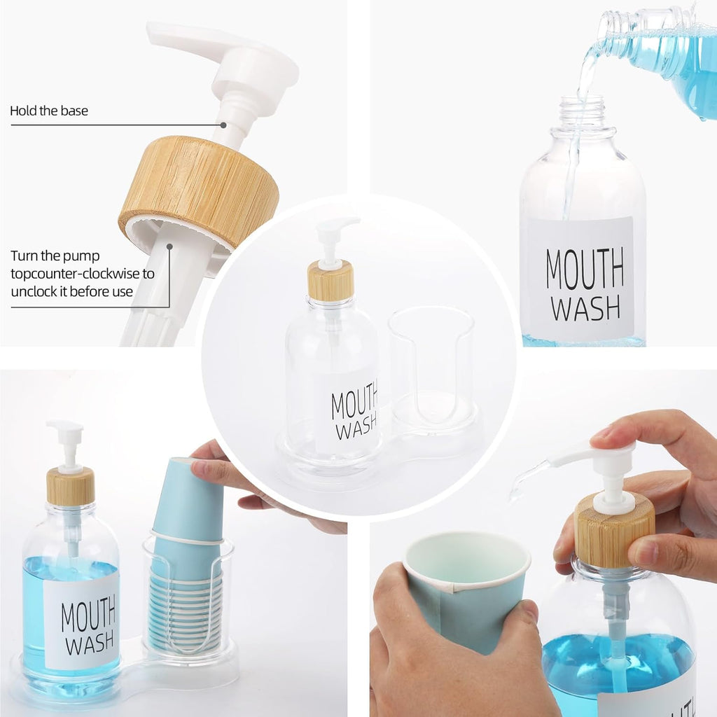 Regine Switzerland Mouthwash Dispenser - 16oz Clear Plastic with Cup Holder & Tray