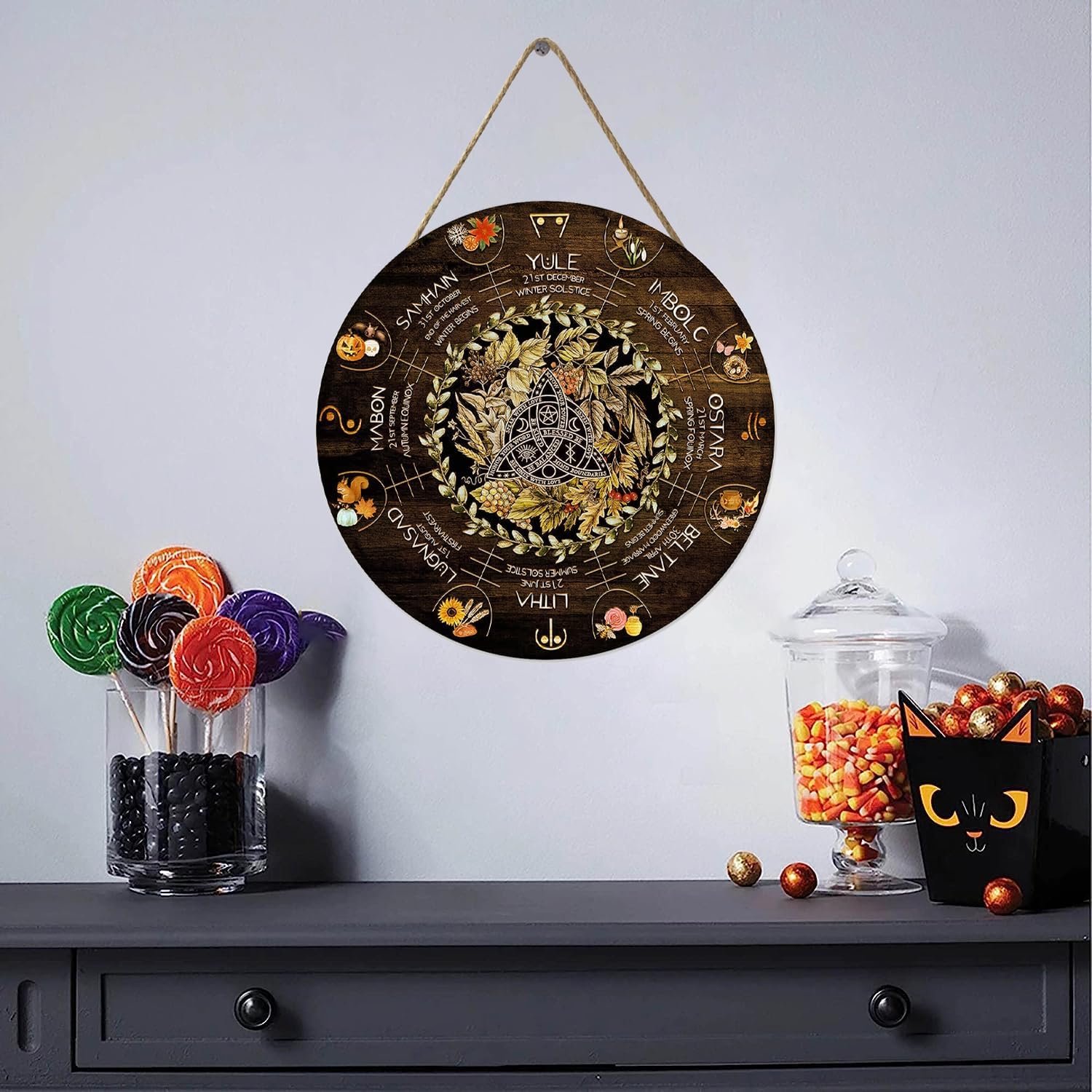 Wheel Year Wood Sign - Sabbats Pagan Witch Calendar for Wiccan Holidays | 12x12 Inch Vintage Decor