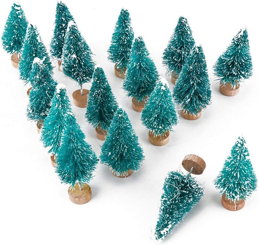 Skiennix Artificial Mini Sisal Christmas Trees - Snow Frosted with Wooden Bases | 20 Pcs in Blue-Green for Home Decor