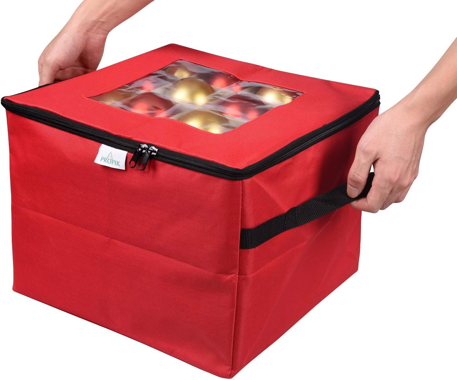 ProPik Christmas Ornament Storage Box - Organizes Up to 48 Ornaments with 3 Removable Trays | Red