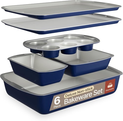 BAKKEN 6-Piece Baking Pan Set - Royal Blue Nonstick Ceramic Coating, Commercial Grade Bakeware | Oven Safe Up to 450°F