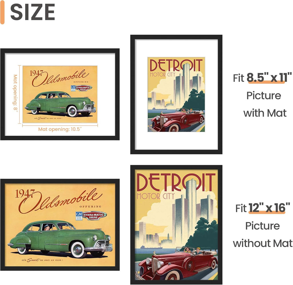 Upsimples 12x16 Picture Frame - Versatile Display for 8.5x11 Photos with Mat or 12x16 Without Mat, Black