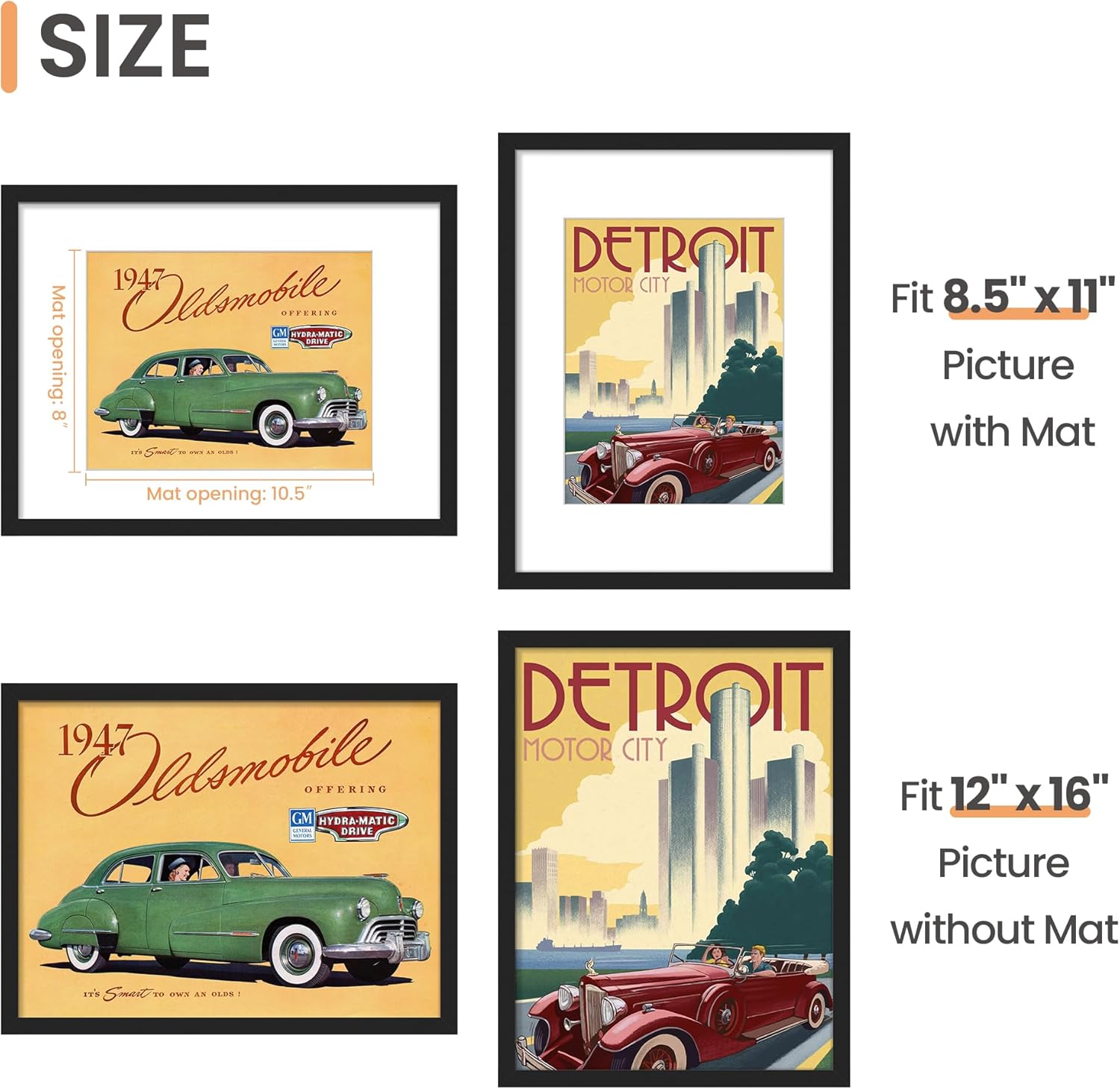 Upsimples 12x16 Picture Frame - Versatile Display for 8.5x11 Photos with Mat or 12x16 Without Mat, Black