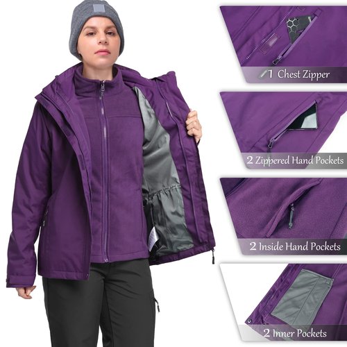 33,000ft Women's Waterproof 3-IN-1 Ski Jacket, Warm Fleece Insulated Winter Snow Coat Windproof Rain Jackets Parka Hooded for Traveling Climbing Hiking