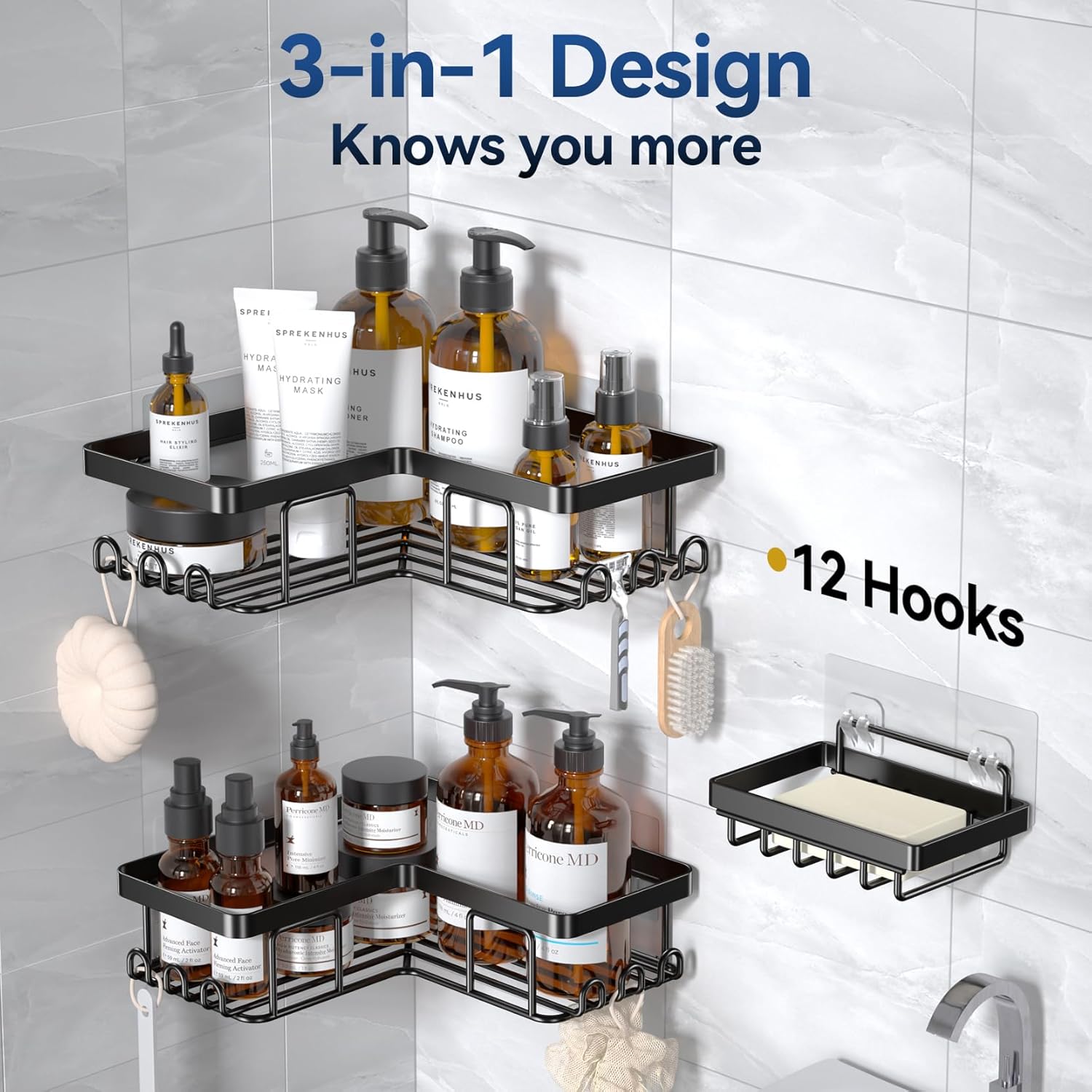 YASONIC Shower Caddy - Rustproof Stainless Steel Bathroom Organizer with Soap Holder & 12 Hooks | Black 3-Pack