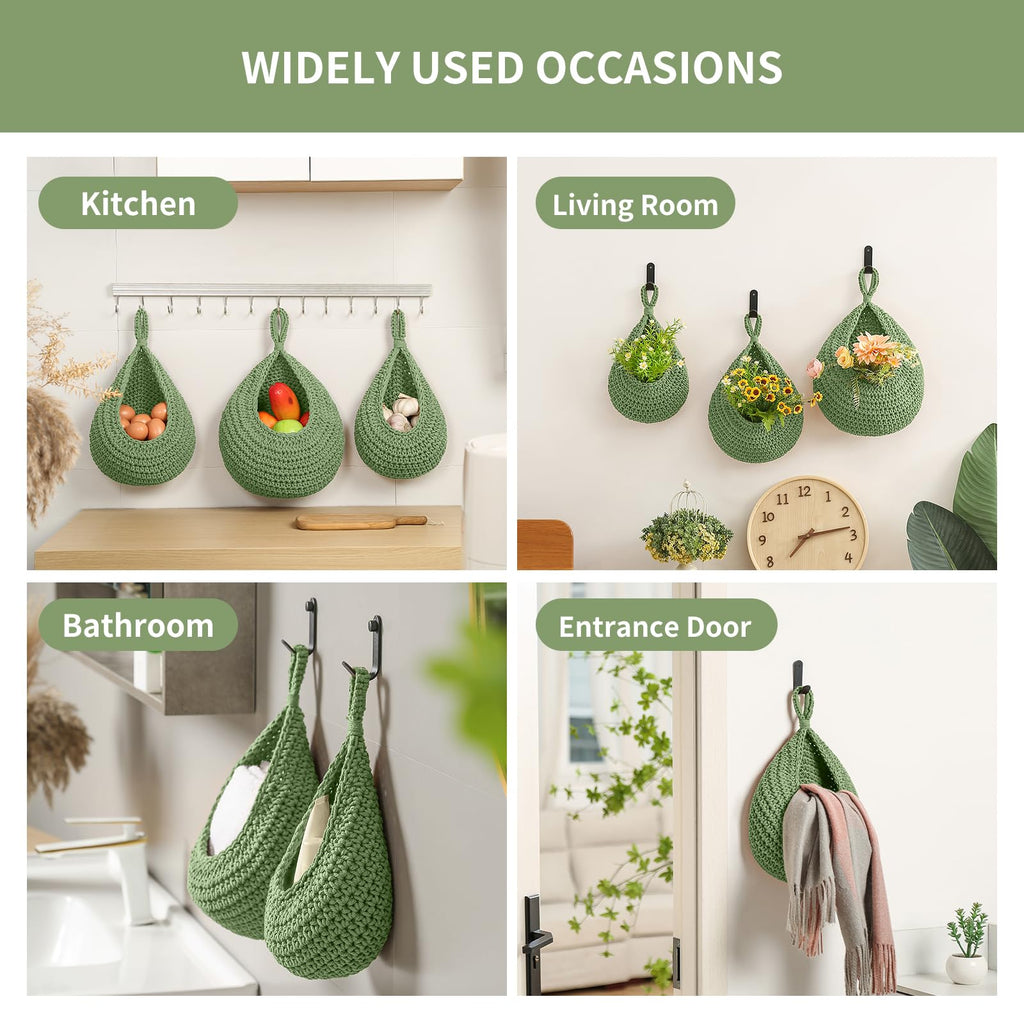 Boho Wall Hanging Fruit Baskets for Kitchen 3 Pack Woven Produce Holder with 6 Pcs Strong Hooks Vegetable Hanging Basket for Organizing Teardrop Home Wall Potato Onion Storage, Green