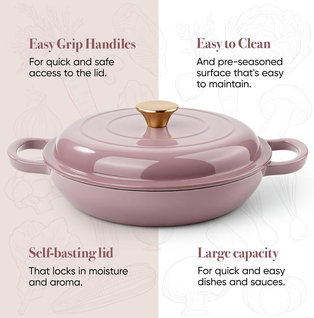 Skiennix Vintage Style Enameled Cast Iron Braiser - Non-Stick Dutch Oven Skillet with Lid, 3 Quart (Pink)